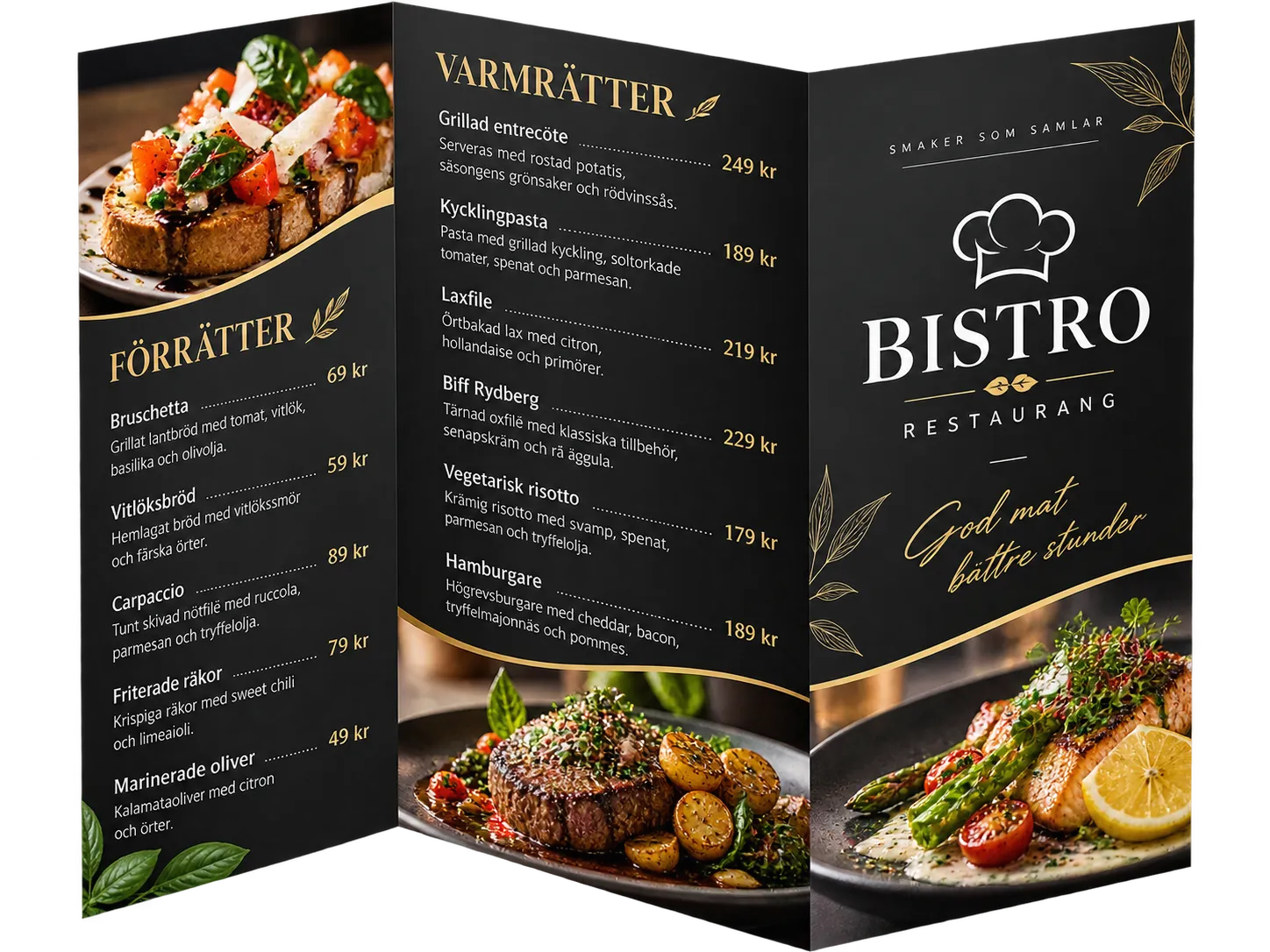 Elegant svart och guldfärgad restaurangmeny