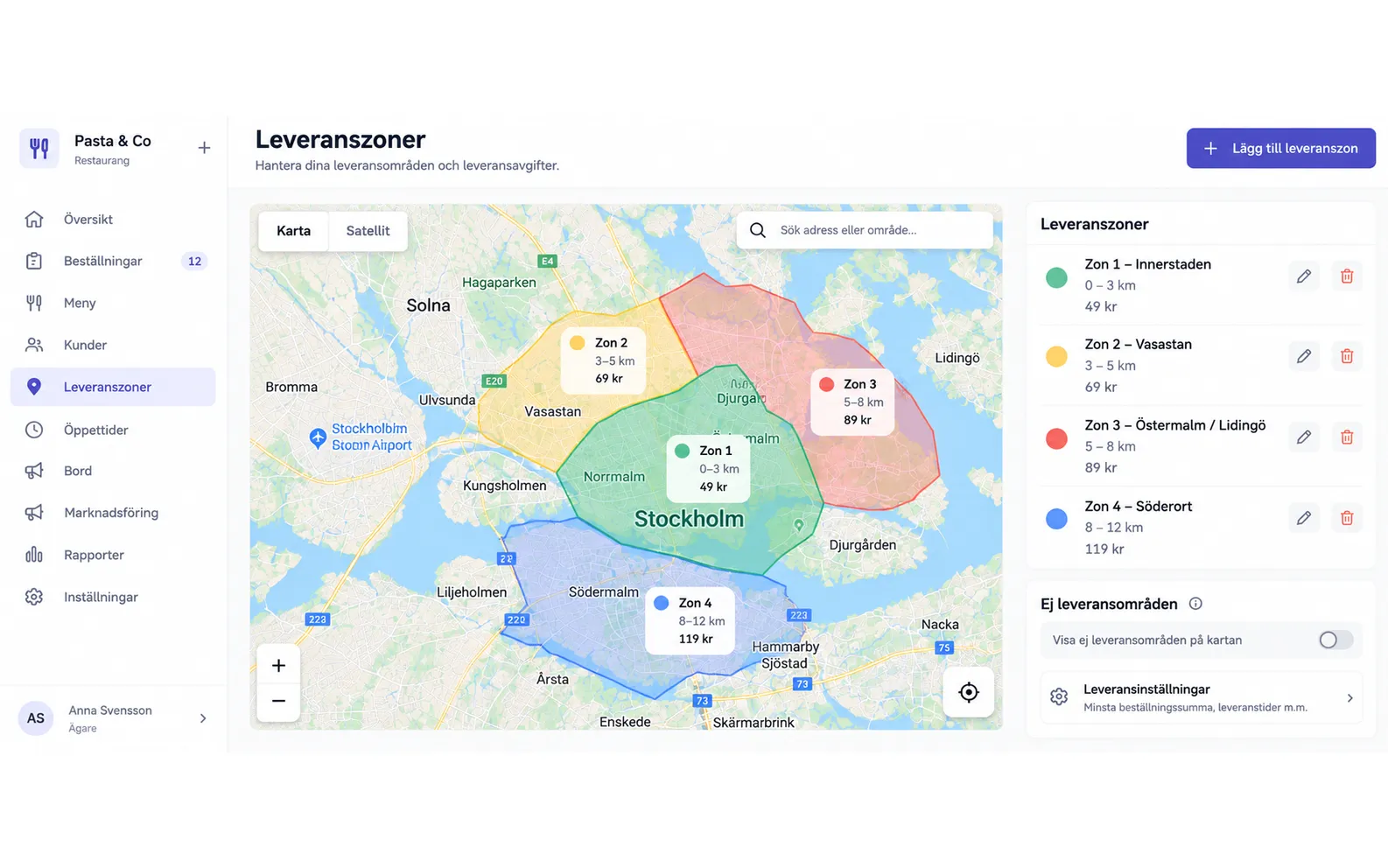 Karta över leveranszoner i Stockholm