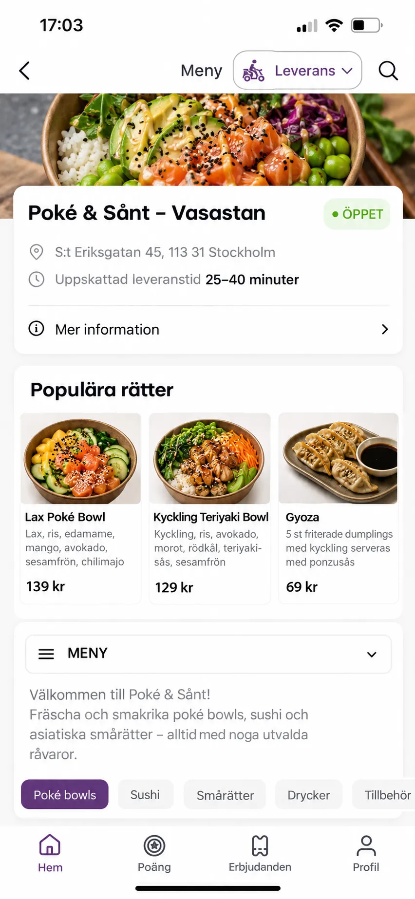 Restaurangens beställningssida i en mobil