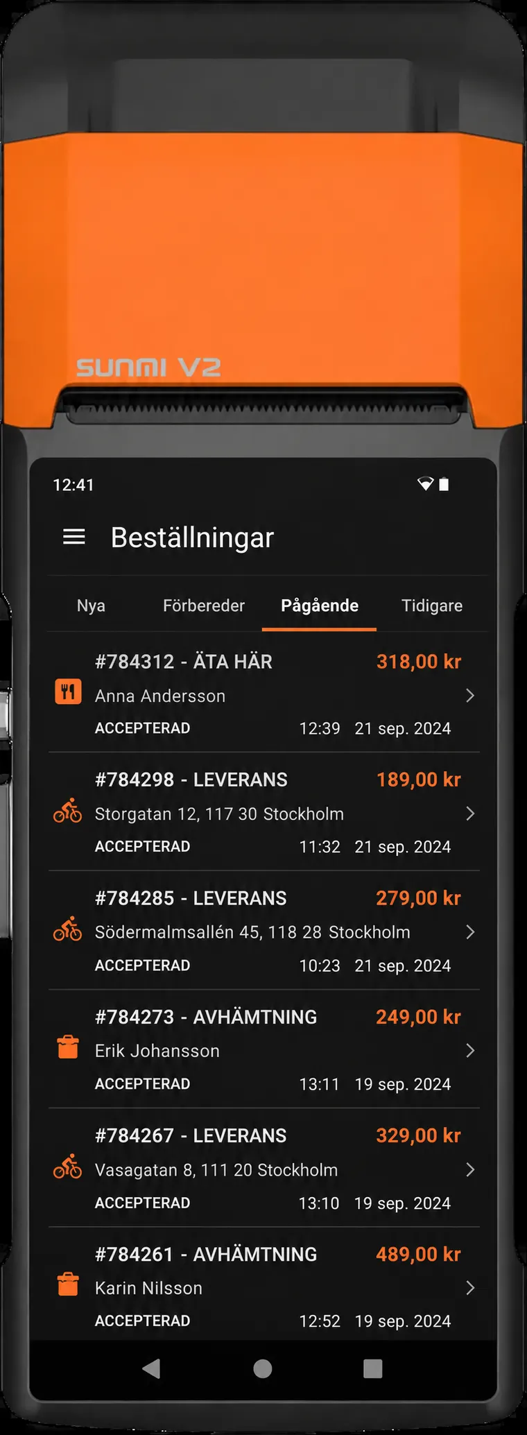 Android-terminal som visar inkomna beställningar